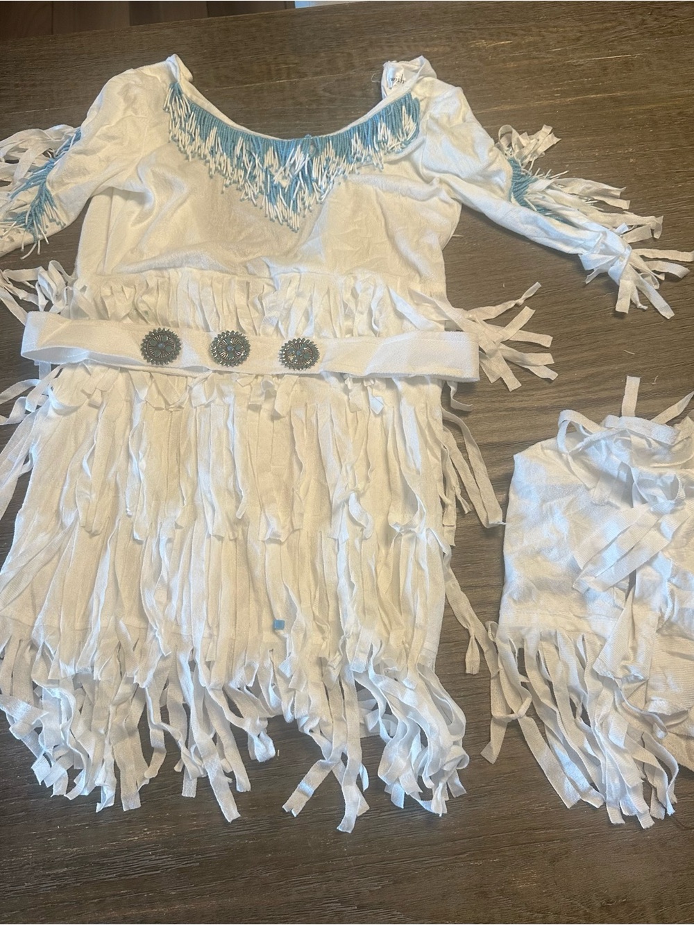 White Fringe Native American Kids Costume Dress with Turquoise Trim